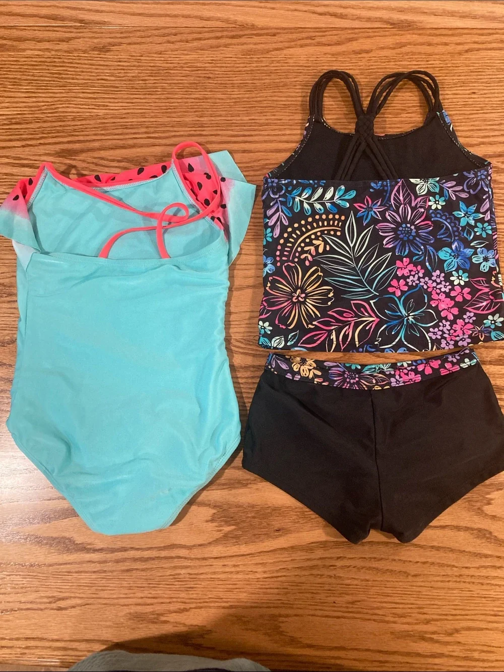 Girls' Watermelon One-Piece & Floral Tankini Set - Aqua, Pink, Black